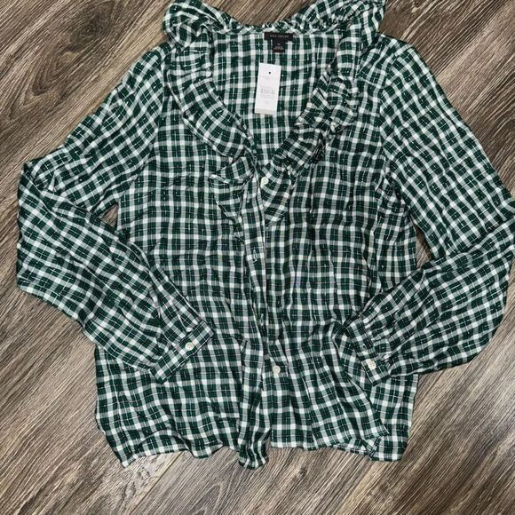 New Ann Taylor Ruffle Collar Green & Metallic Plaid Button Up - Picture 1 of 4